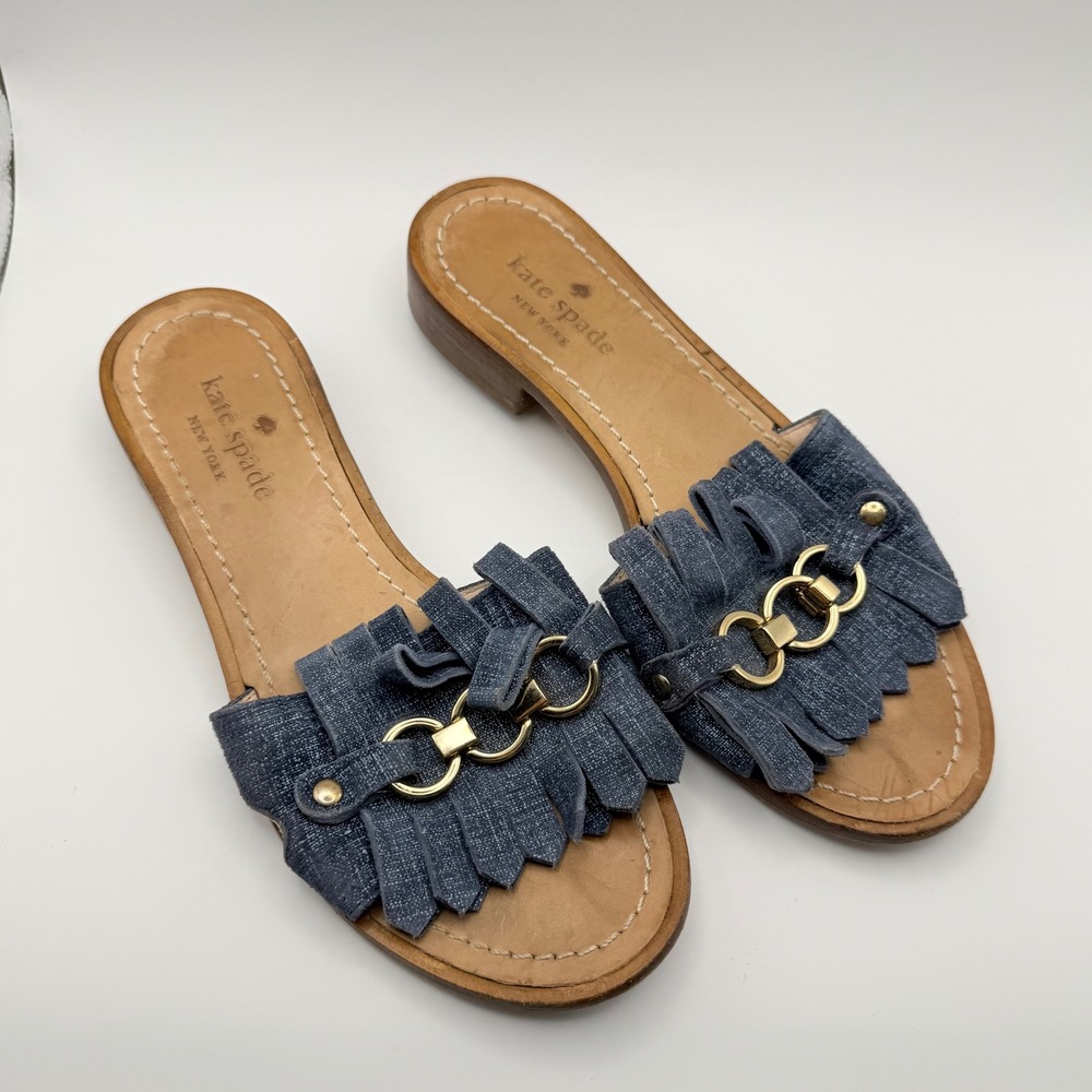 Women's Kate Spade Leather Sandal Gold Navy Accent Slip On Shoes Size 5M